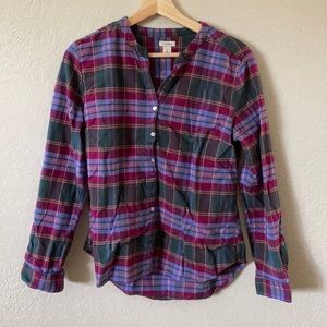 Purple and green flannel, no collar